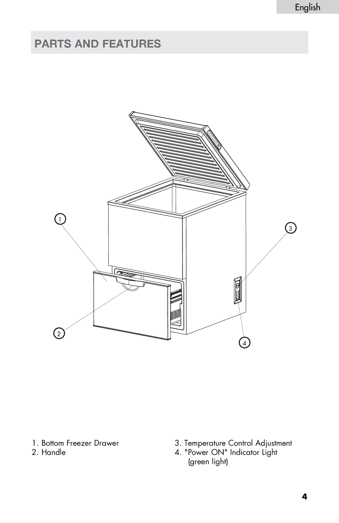 Haier LW145AW user manual Parts and features, Bottom Freezer Drawer, Handle Power ON Indicator Light Green light 