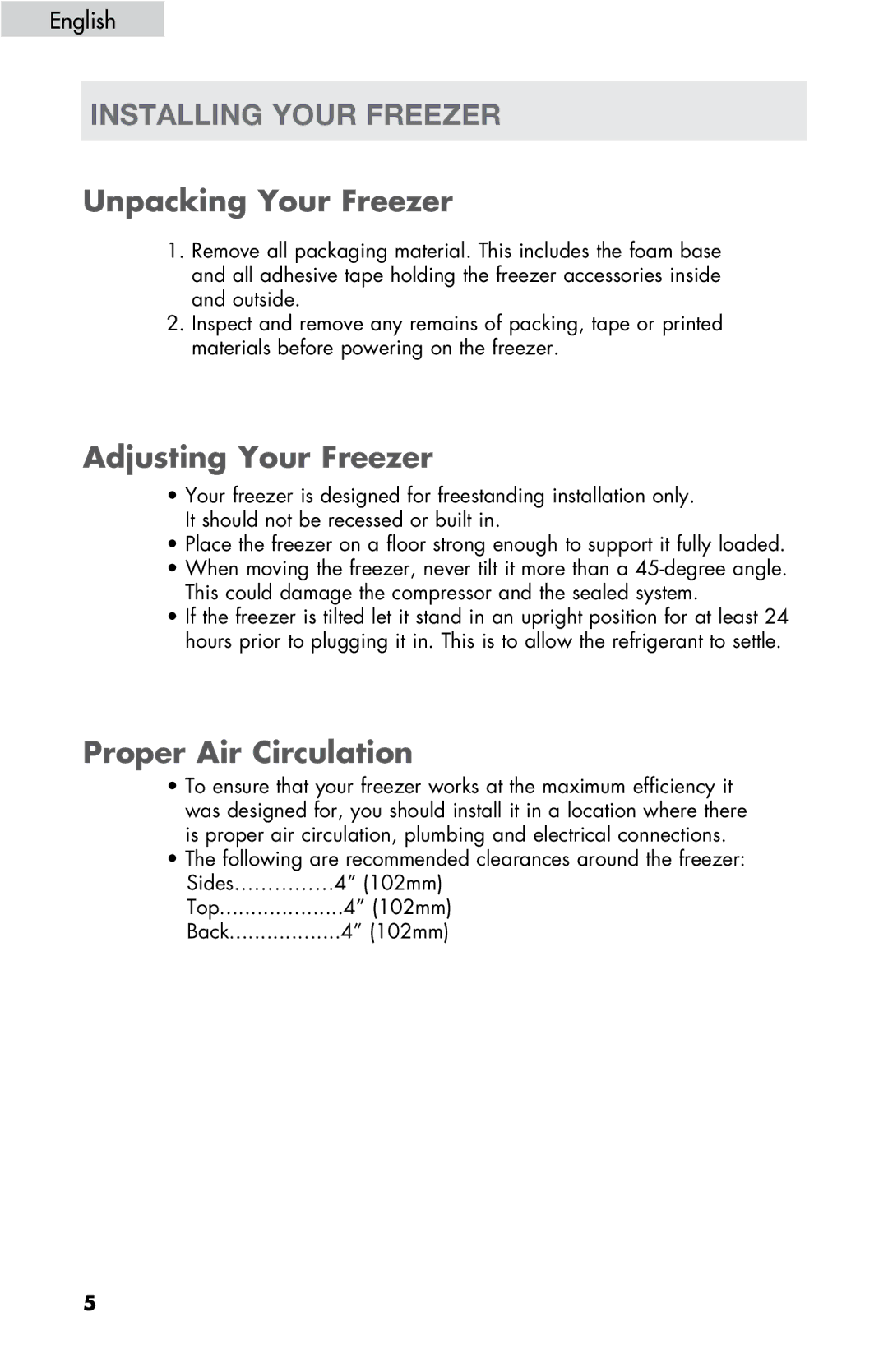 Haier LW145AW user manual Installing your freezer, Unpacking Your Freezer, Adjusting Your Freezer, Proper Air Circulation 