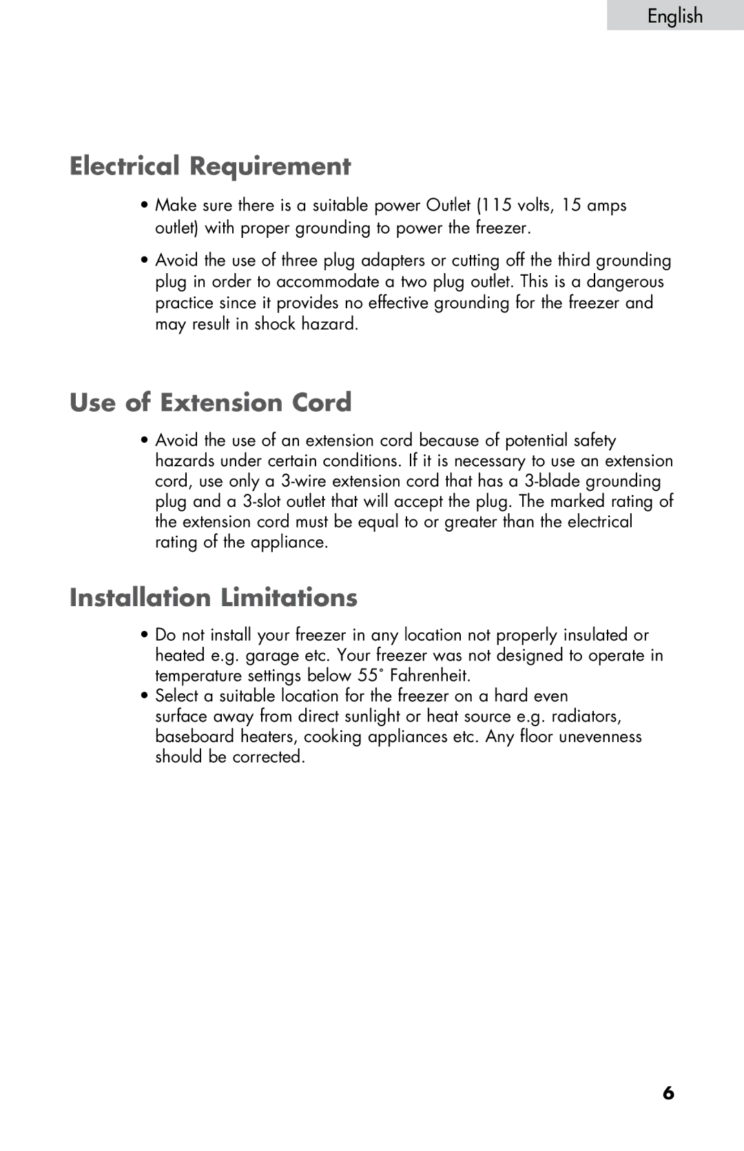 Haier LW145AW user manual Electrical Requirement, Use of Extension Cord, Installation Limitations 