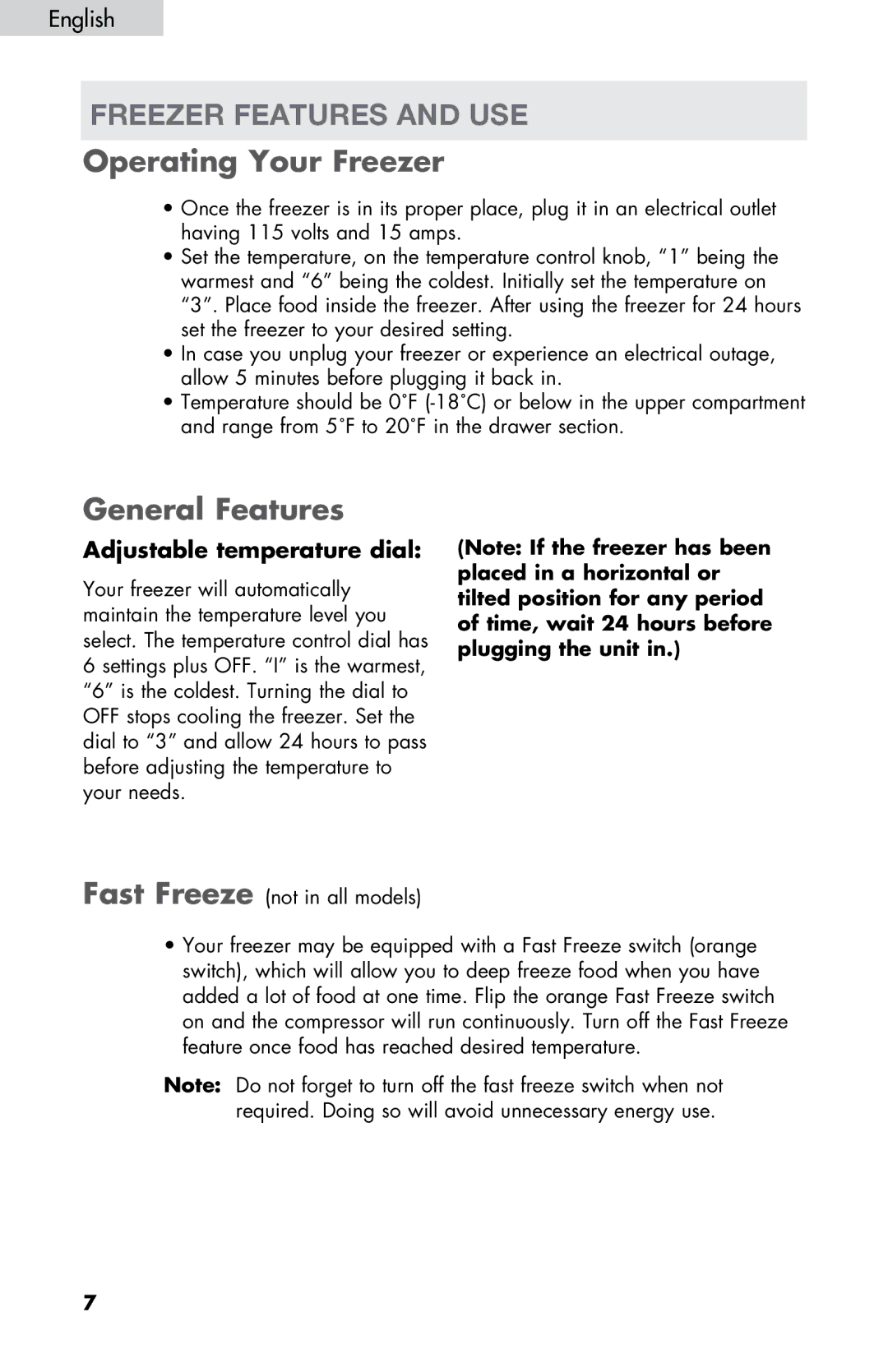 Haier LW145AW user manual Freezer features and use, Operating Your Freezer, General Features, Adjustable temperature dial 