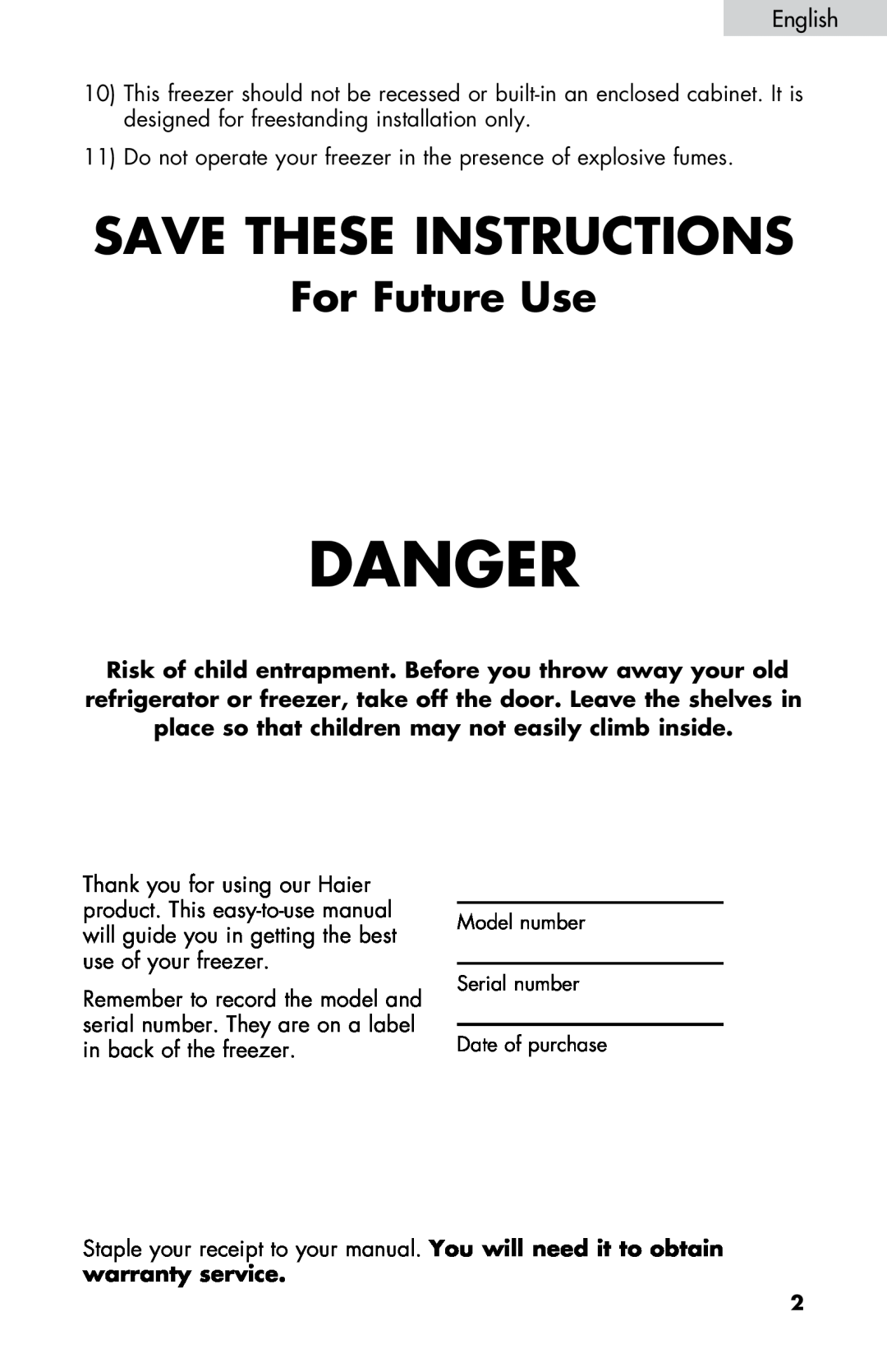 Haier LW145AW user manual Danger, Save These Instructions, For Future Use 
