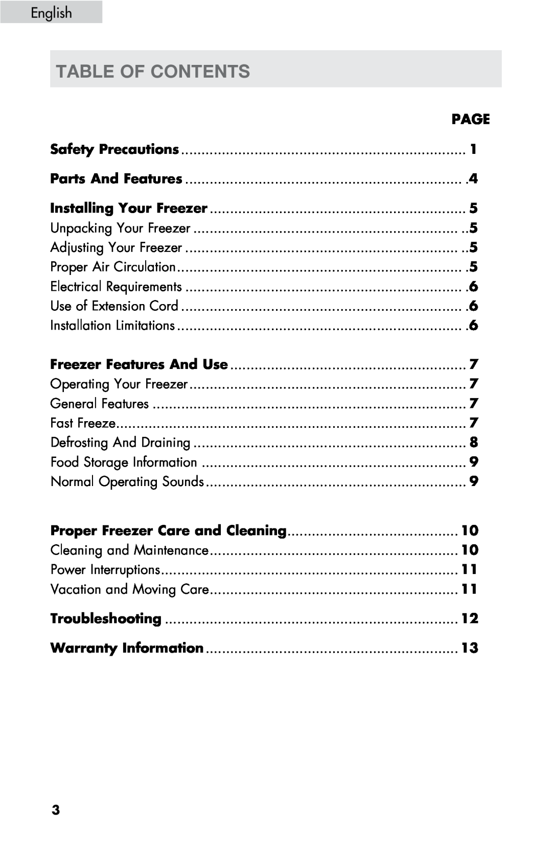 Haier LW145AW user manual Table of Contents, English, Page 