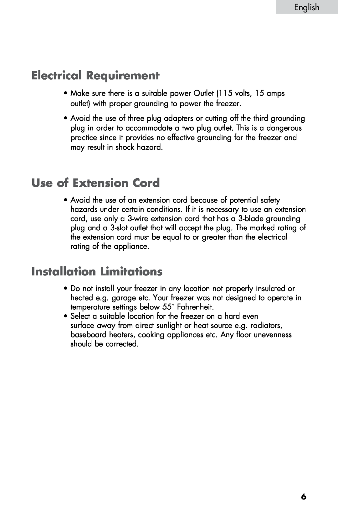 Haier LW145AW user manual Electrical Requirement, Use of Extension Cord, Installation Limitations 