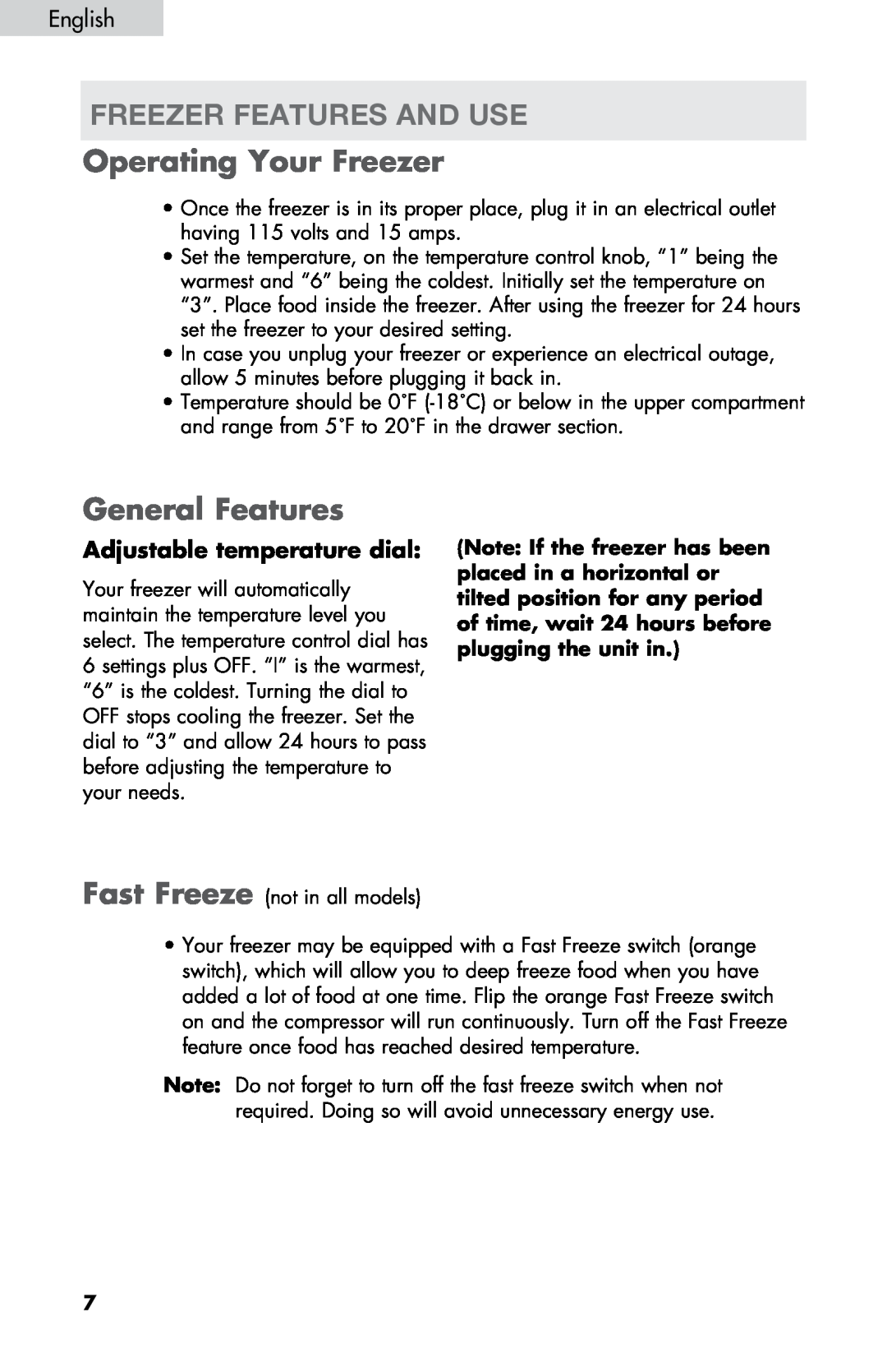 Haier LW145AW user manual freezer features and use, Operating Your Freezer, General Features, Adjustable temperature dial 
