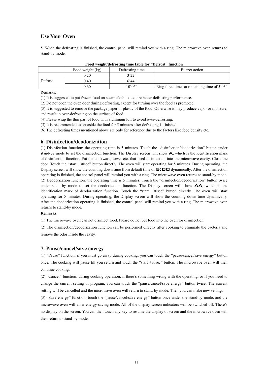 Haier MA-2270EGC user manual Disinfection/deodorization, Pause/cancel/save energy 