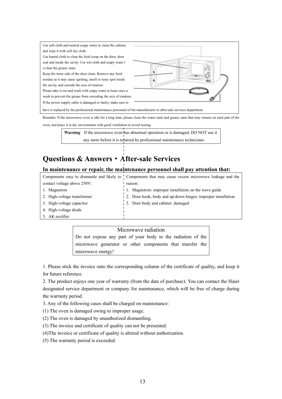 Haier MA-2270EGC user manual Questions & Answers After-sale Services 