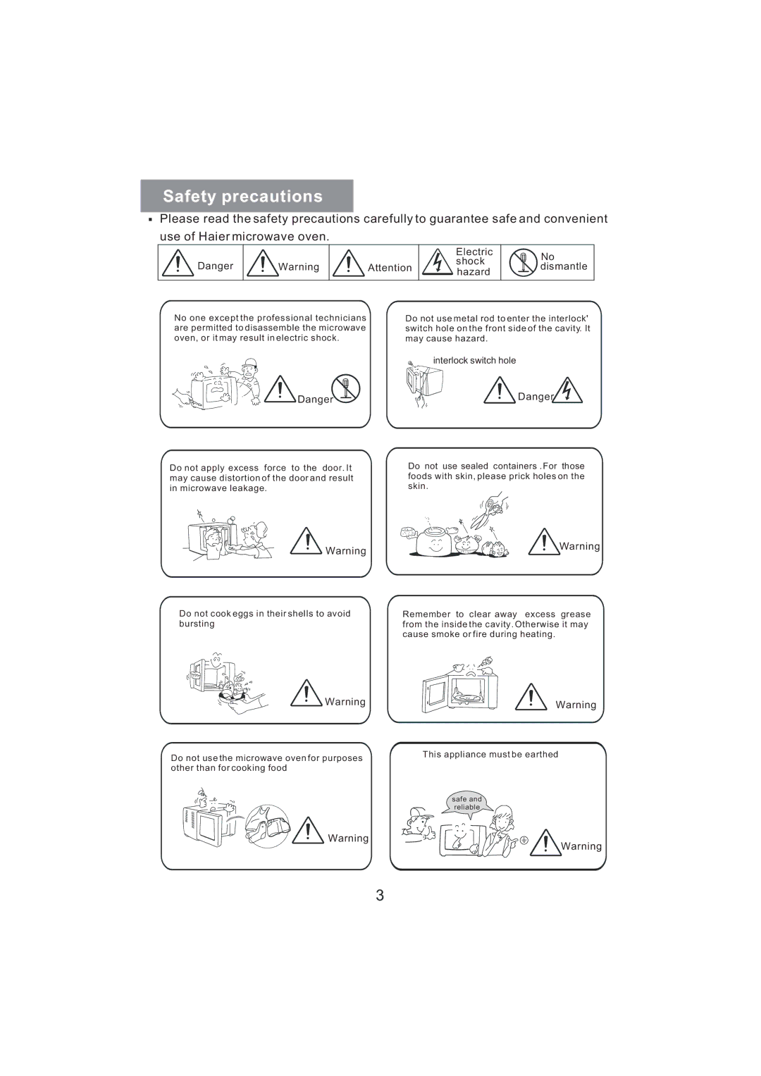 Haier MD-2485MG manual Safety precautions, Electric shock Hazard No dismantle 