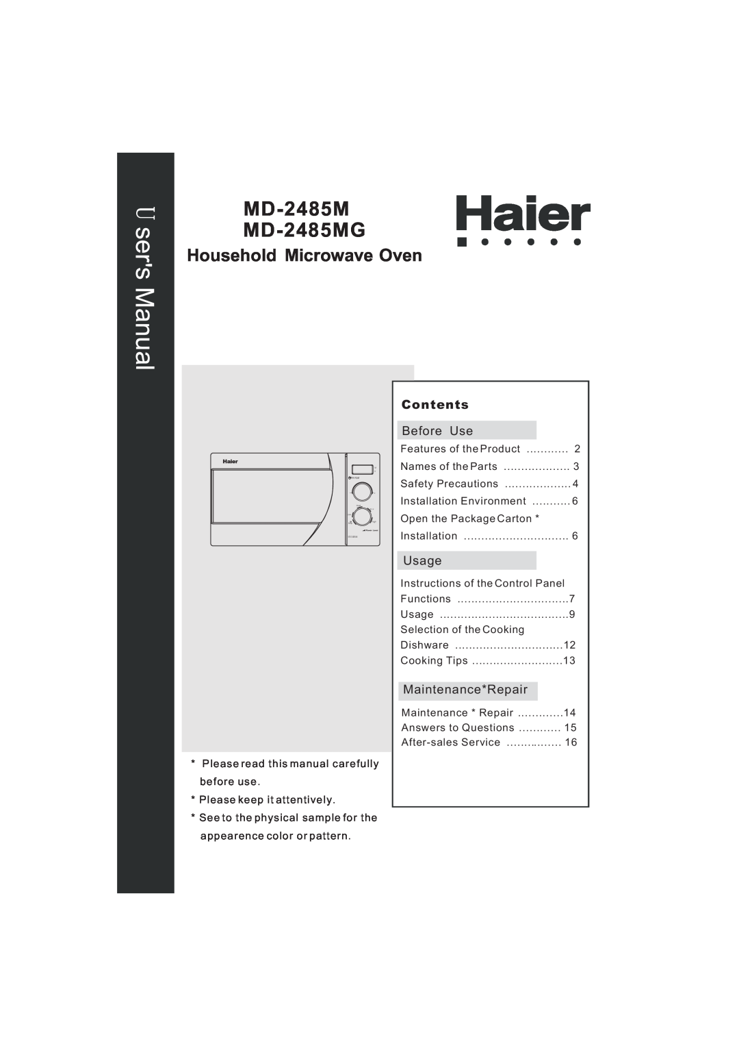 Haier manual MD-2485M MD-2485MG, Household Microwave Oven, Contents 