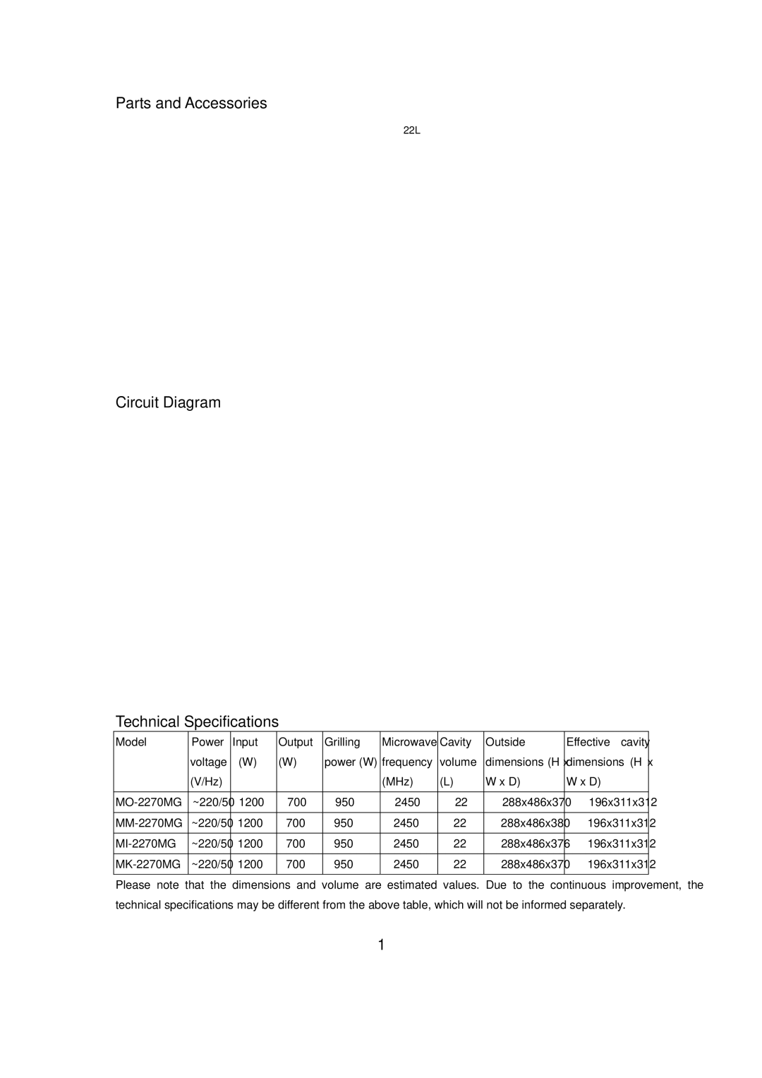 Haier MI-2270MG, MK-2270MG, MO-2270MG, MM-2270MG user manual Parts and Accessories, Circuit Diagram Technical Specifications 