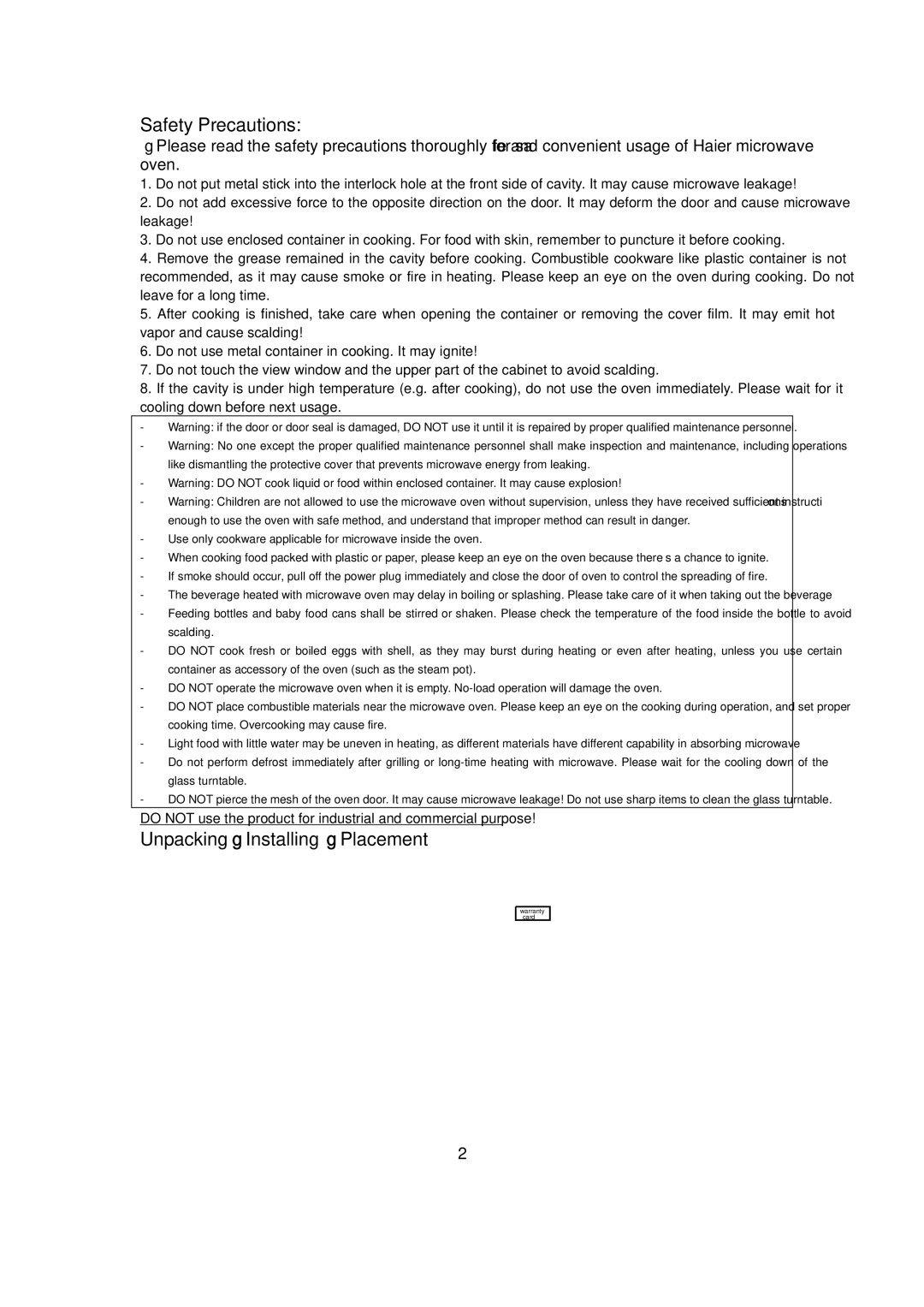 Haier MM-2270MG, MK-2270MG, MO-2270MG, MI-2270MG user manual Safety Precautions, Unpacking Installing Placement 