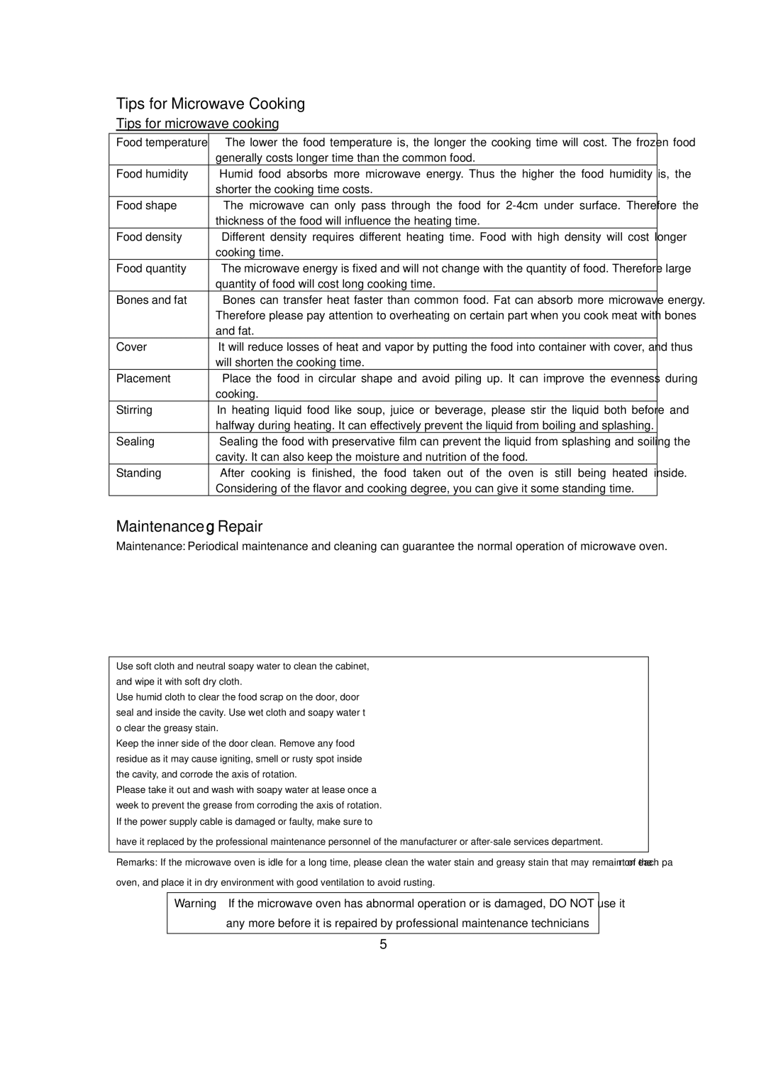 Haier MI-2270MG, MK-2270MG, MO-2270MG, MM-2270MG user manual Tips for Microwave Cooking, Maintenance Repair 