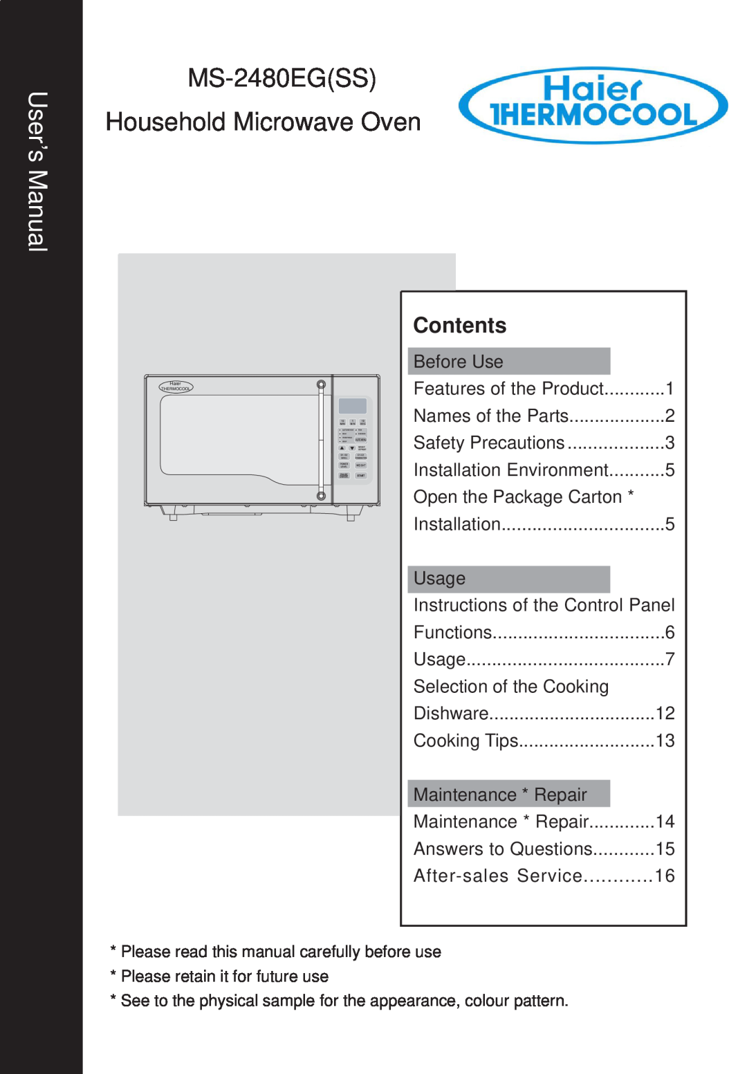 Haier MS-2480EG(SS) user manual Contents, MS-2480EGSS Household Microwave Oven 
