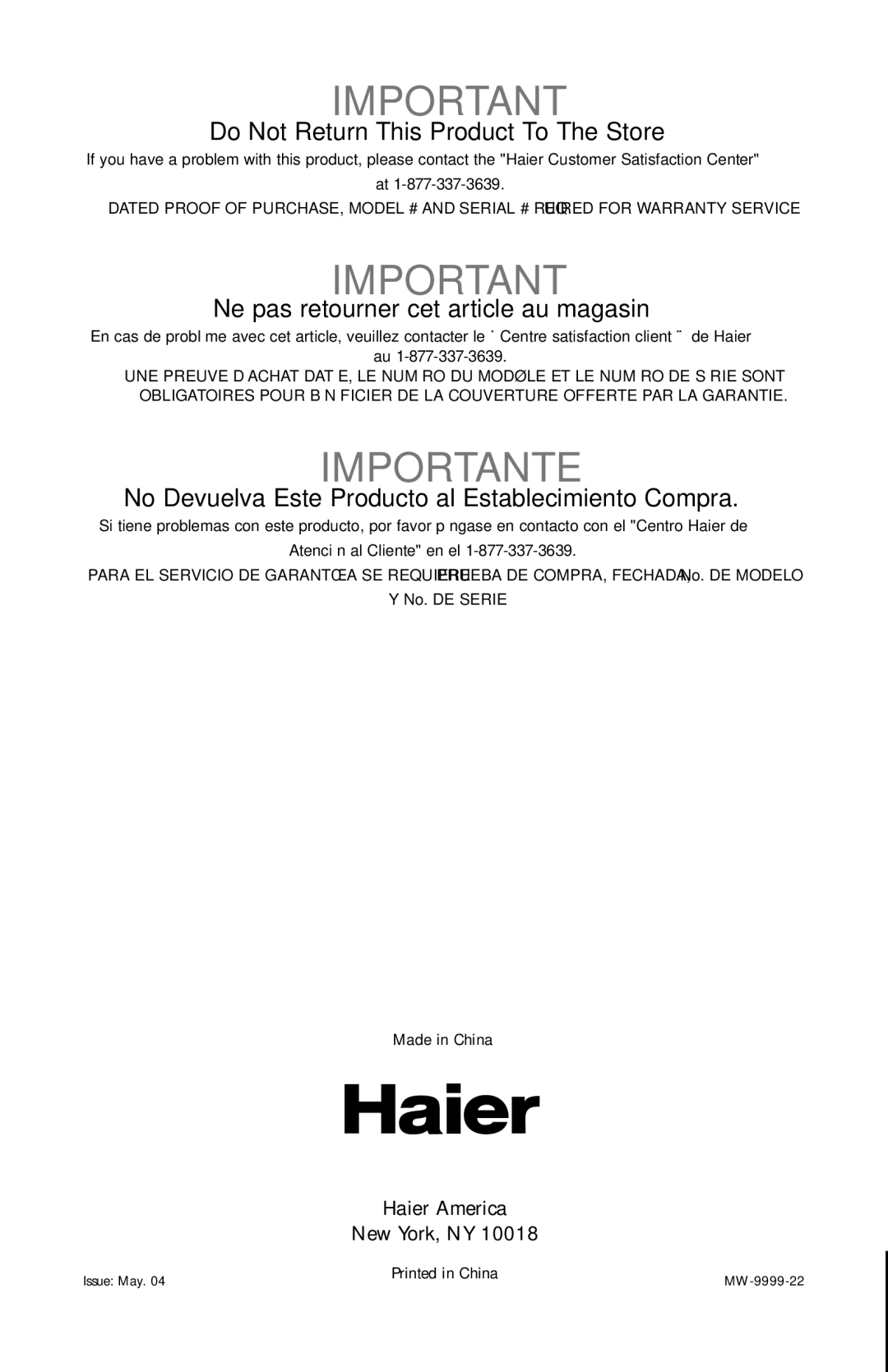 Haier MWG10081TW user manual Importante 