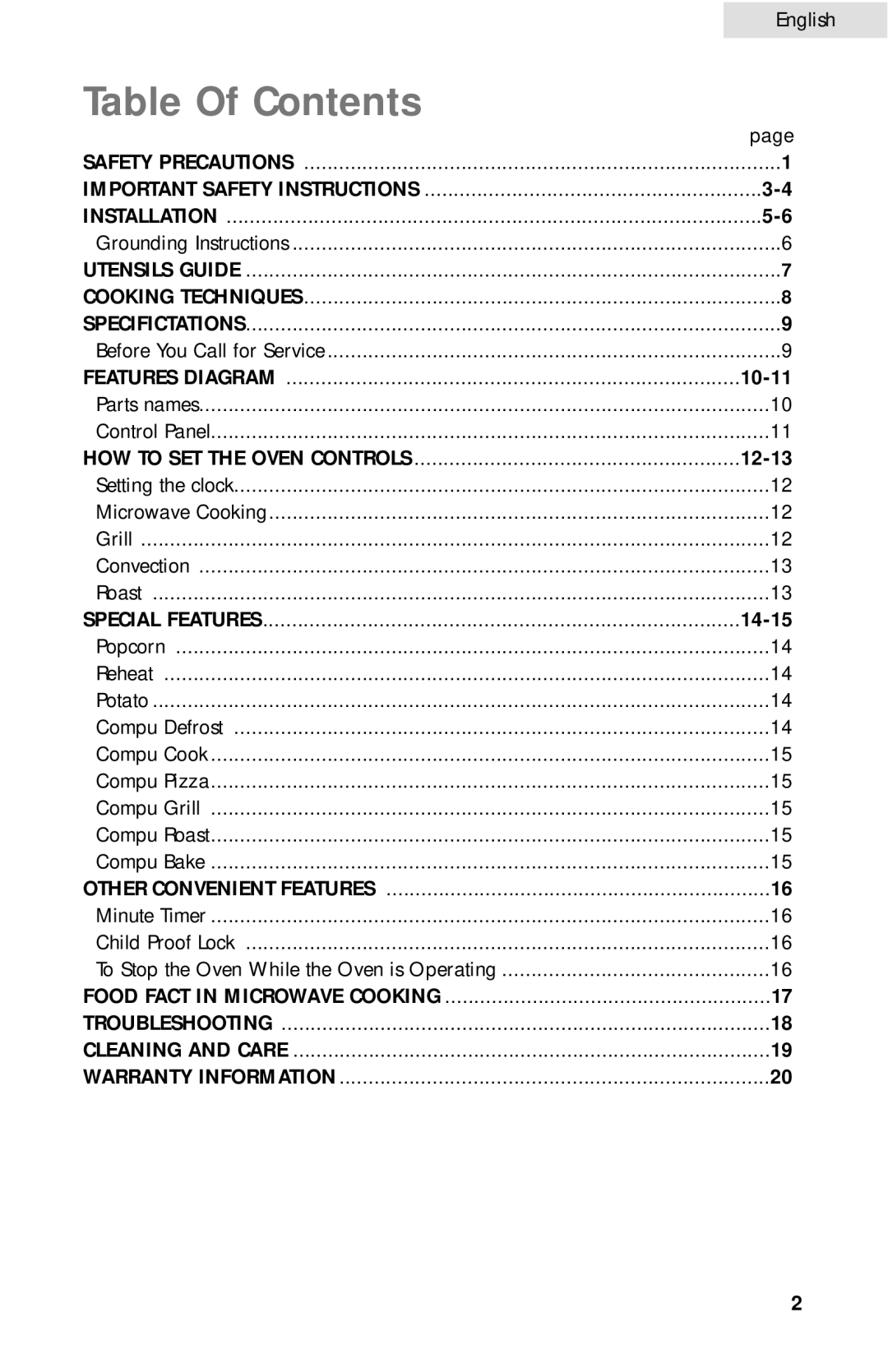 Haier MWG10081TW user manual Table Of Contents 