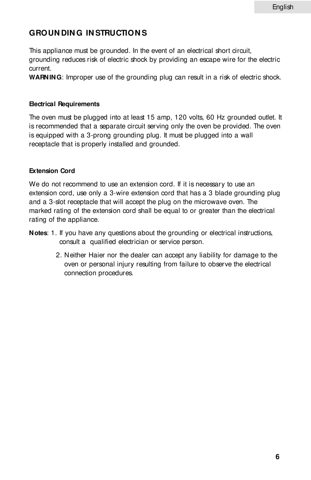 Haier MWG10081TW user manual Grounding Instructions 