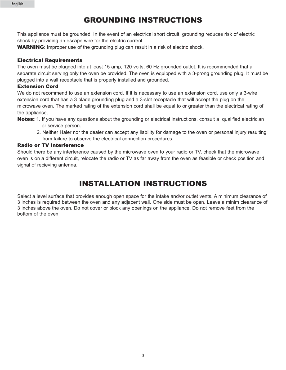 Haier MWG7036RW/B owner manual Grounding Instructions, Installation Instructions 