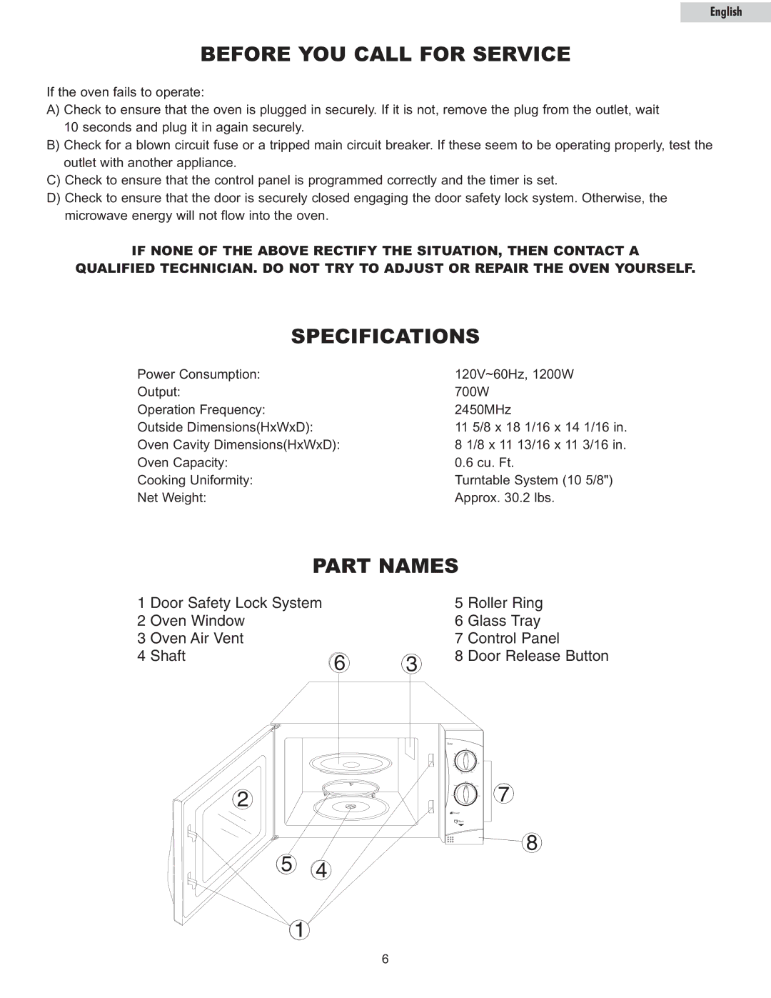 Haier MWG7036RW/B owner manual Before YOU Call for Service, Specifications, Part Names 