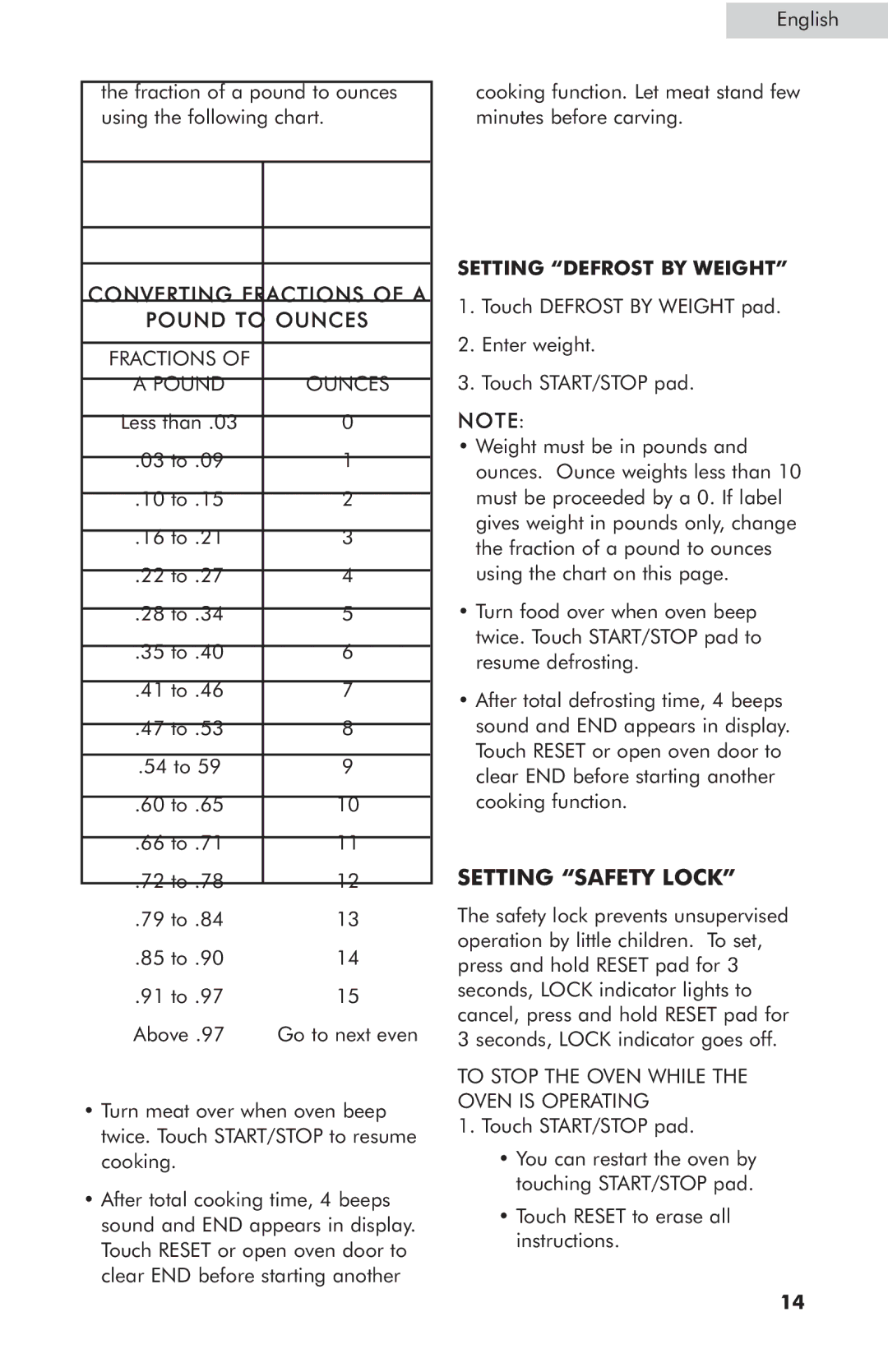 Haier MWG7047TW / B user manual Setting Safety Lock, Converting Fractions of a Pound to Ounces, Pound Ounces 