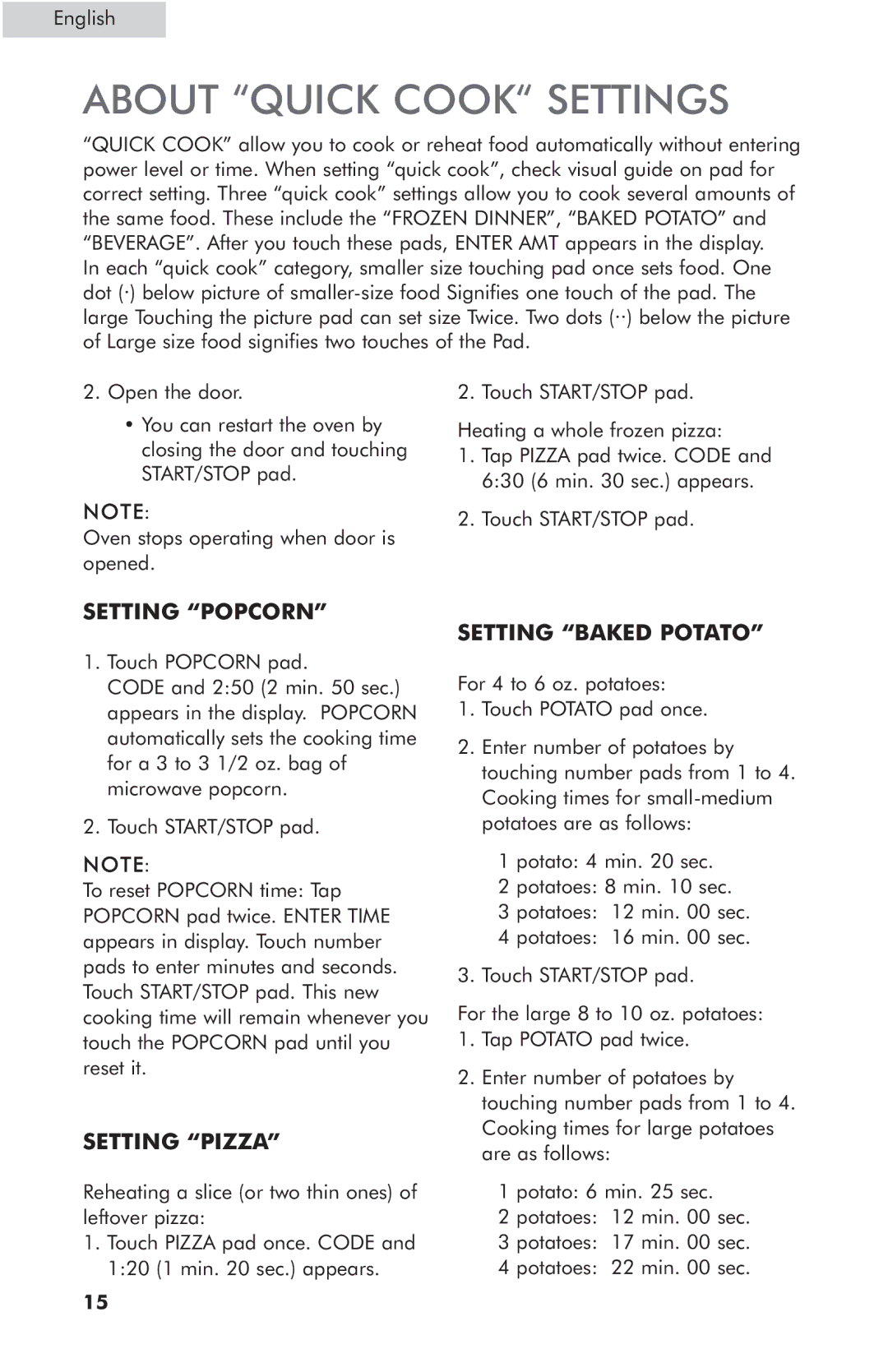 Haier MWG7047TW / B user manual Setting Popcorn, Setting Pizza, Setting Baked Potato 