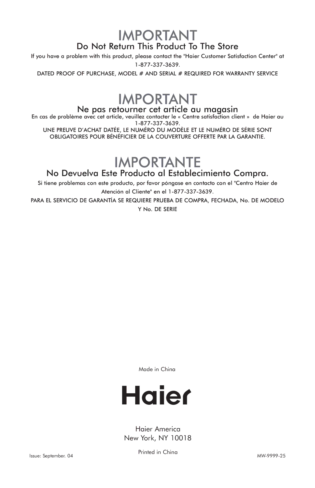 Haier MWG7047TW / B user manual Importante 