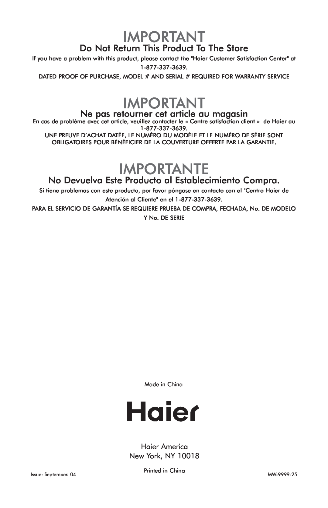 Haier MWG7047TW / B Importante, Do Not Return This Product To The Store, Ne pas retourner cet article au magasin 