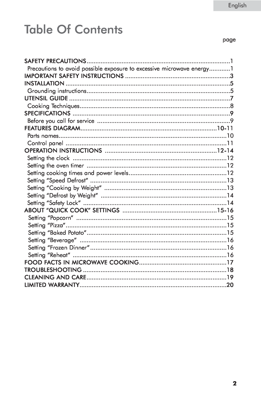 Haier MWG7047TW / B user manual Table Of Contents 