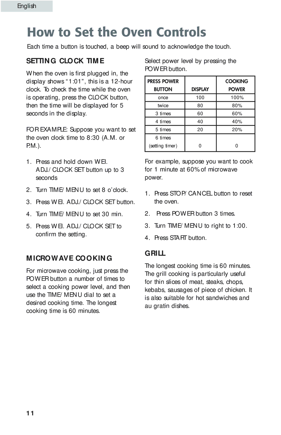 Haier MWG9077ESS user manual How to Set the Oven Controls, Setting Clock Time, Microwave Cooking, Grill 