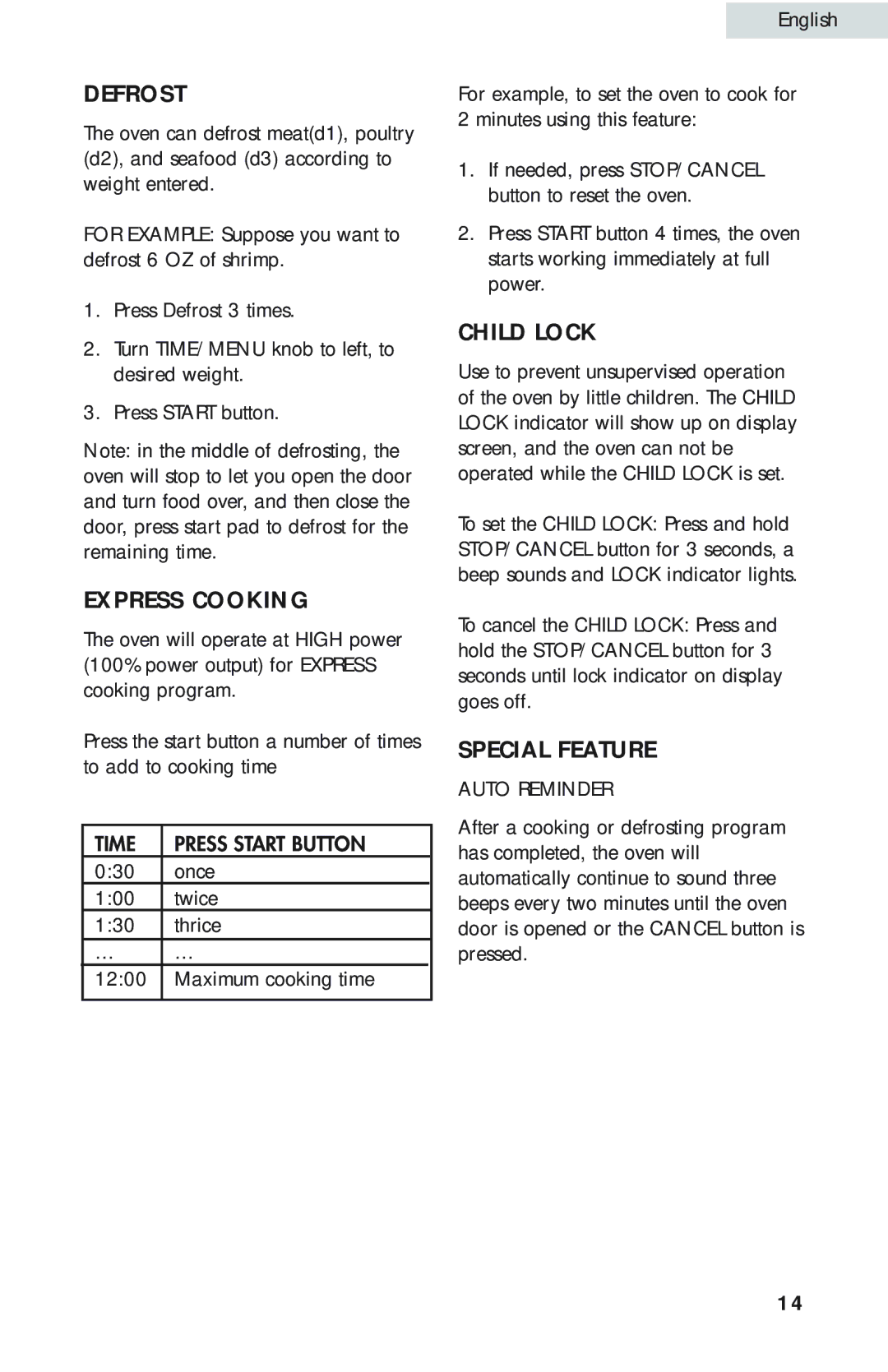 Haier MWG9077ESS user manual Defrost, Express Cooking, Child Lock, Special Feature 