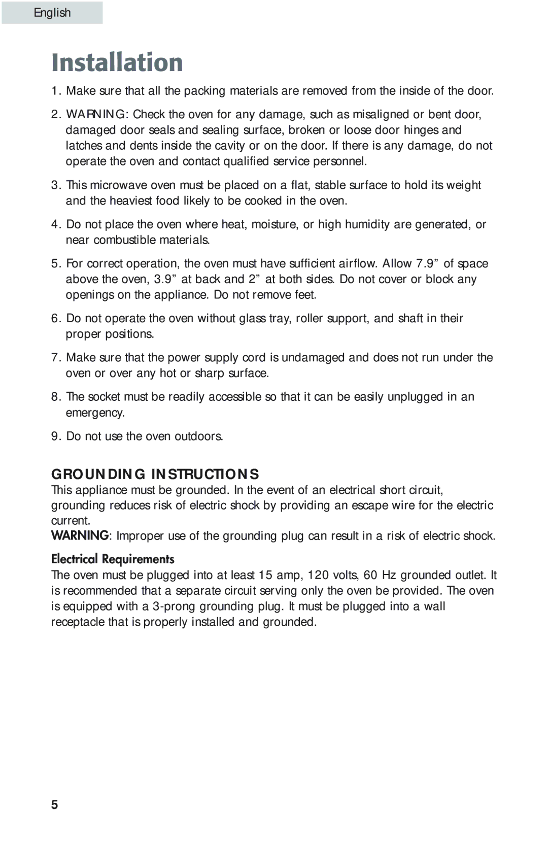 Haier MWG9077ESS user manual Installation, Grounding Instructions 