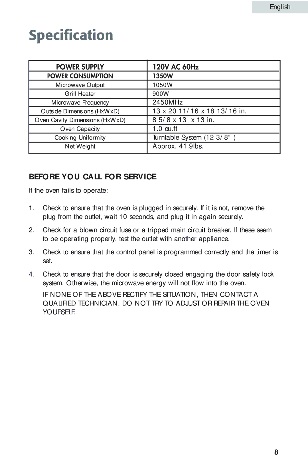 Haier MWG9077ESS user manual Specification, Before YOU Call for Service, Power Supply 