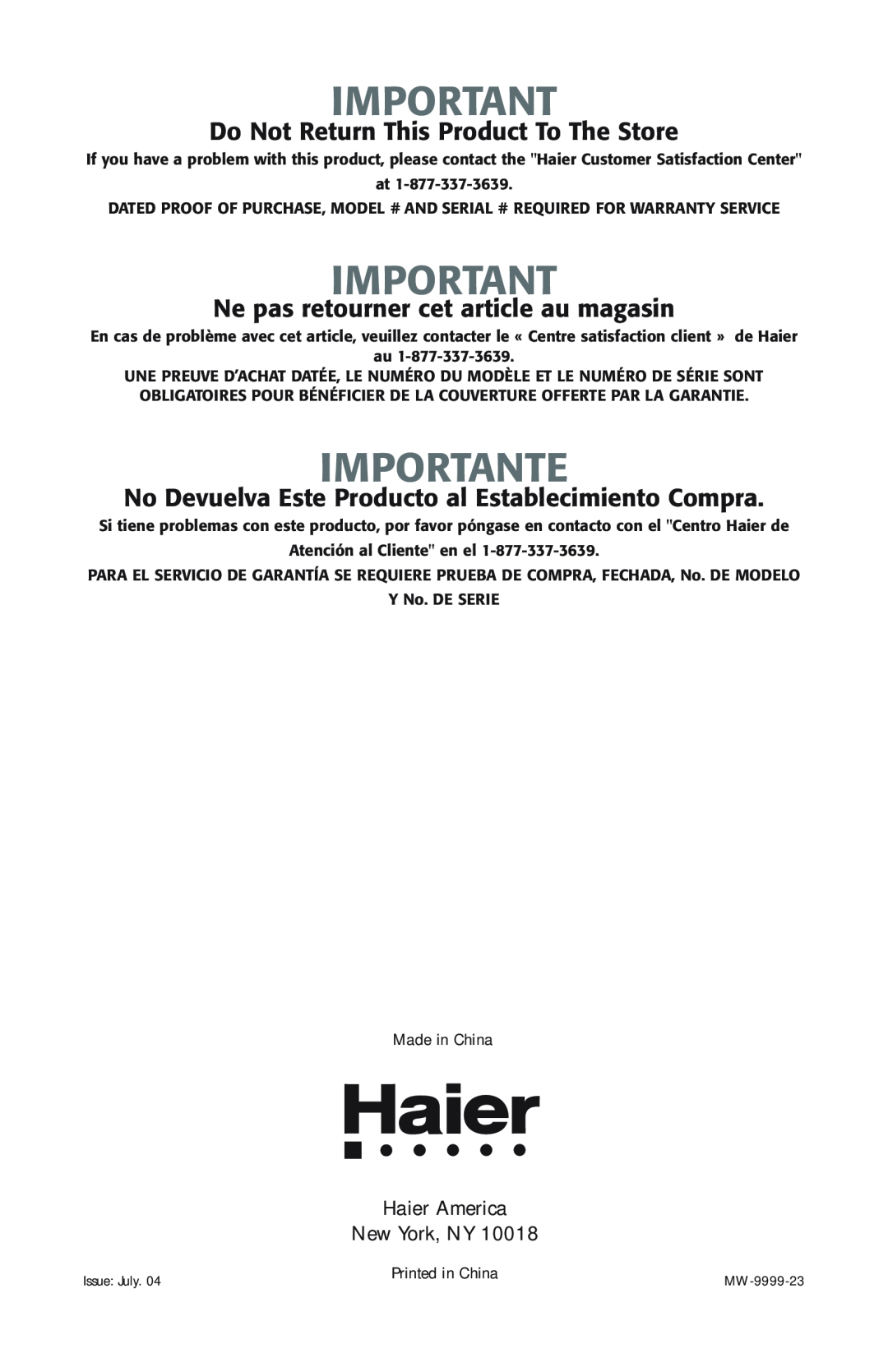 Haier MWG9077ESS user manual Importante, Do Not Return This Product To The Store, Ne pas retourner cet article au magasin 