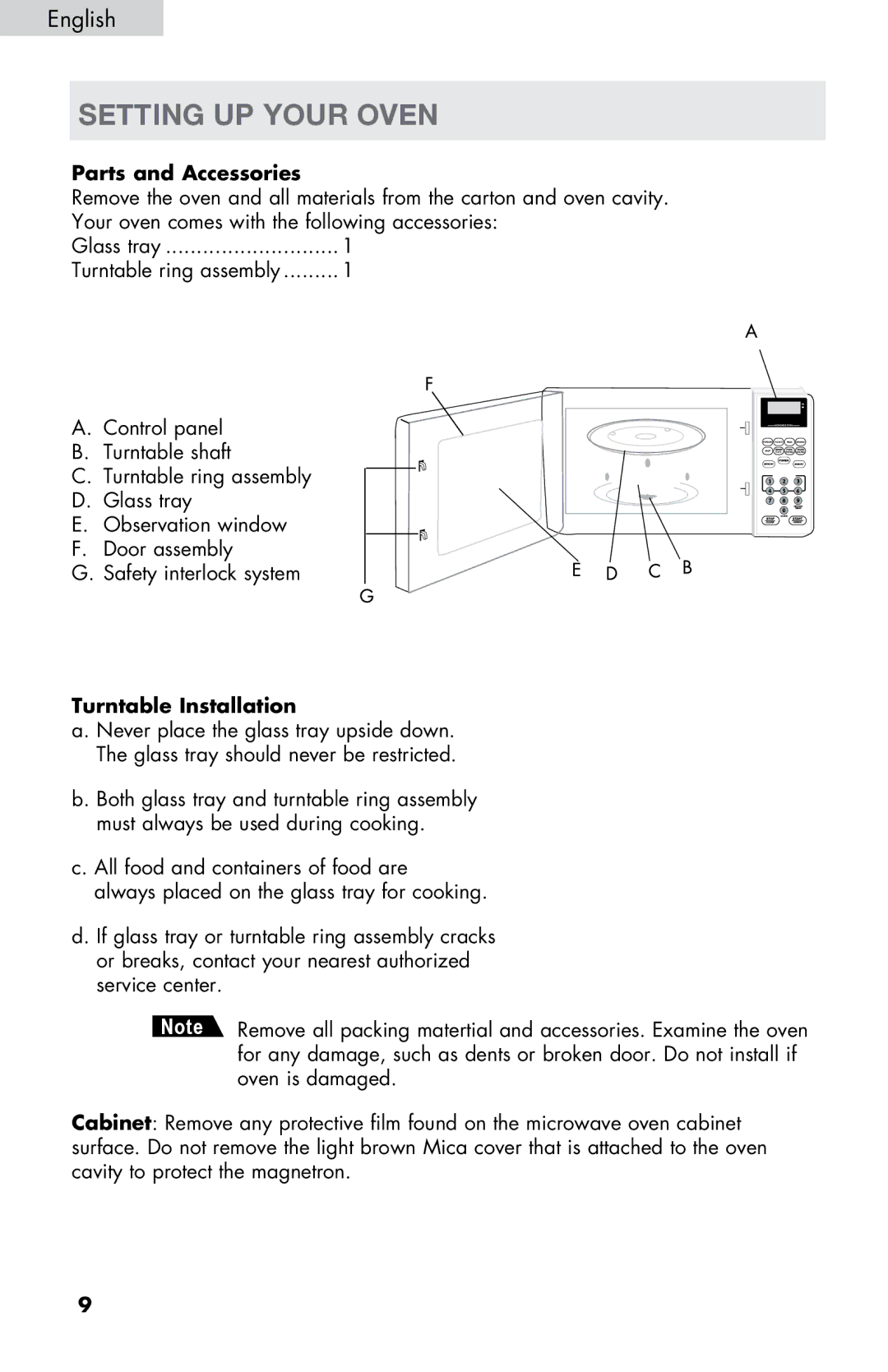 Haier MWM0701TW, MWM0701TB user manual Setting UP Your Oven, Parts and Accessories, Turntable Installation 