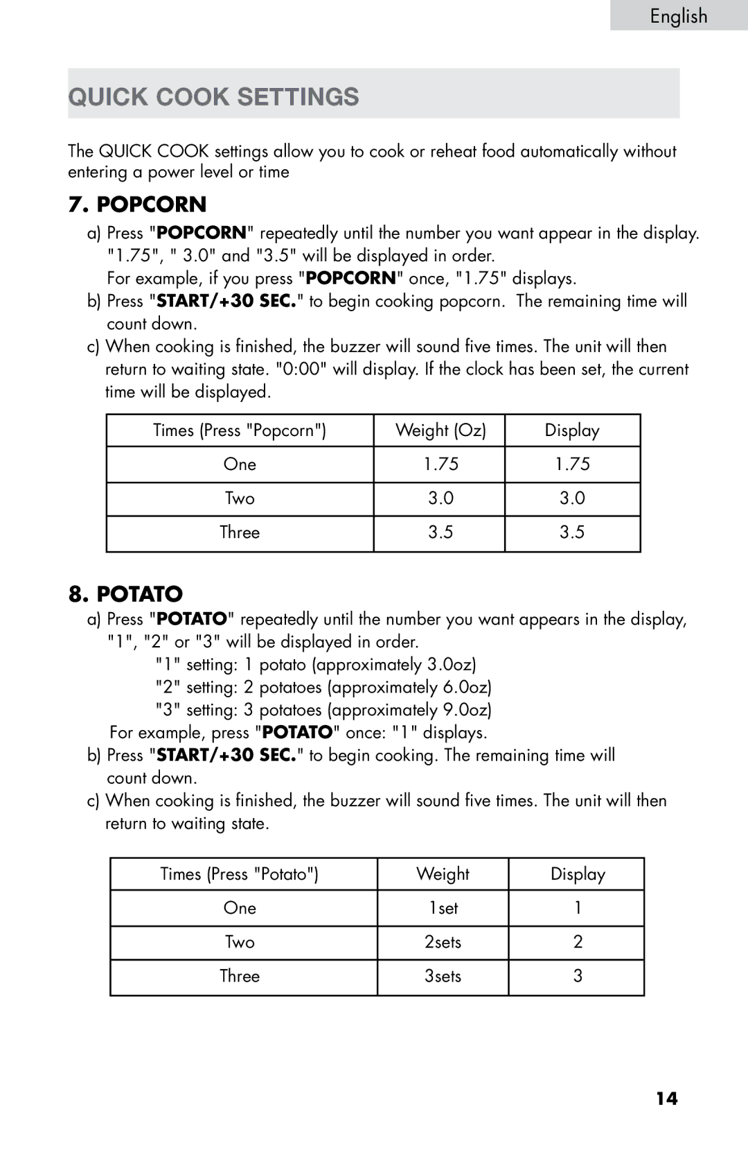 Haier MWM0701TB, MWM0701TW user manual Quick Cook Settings, Popcorn, Potato 