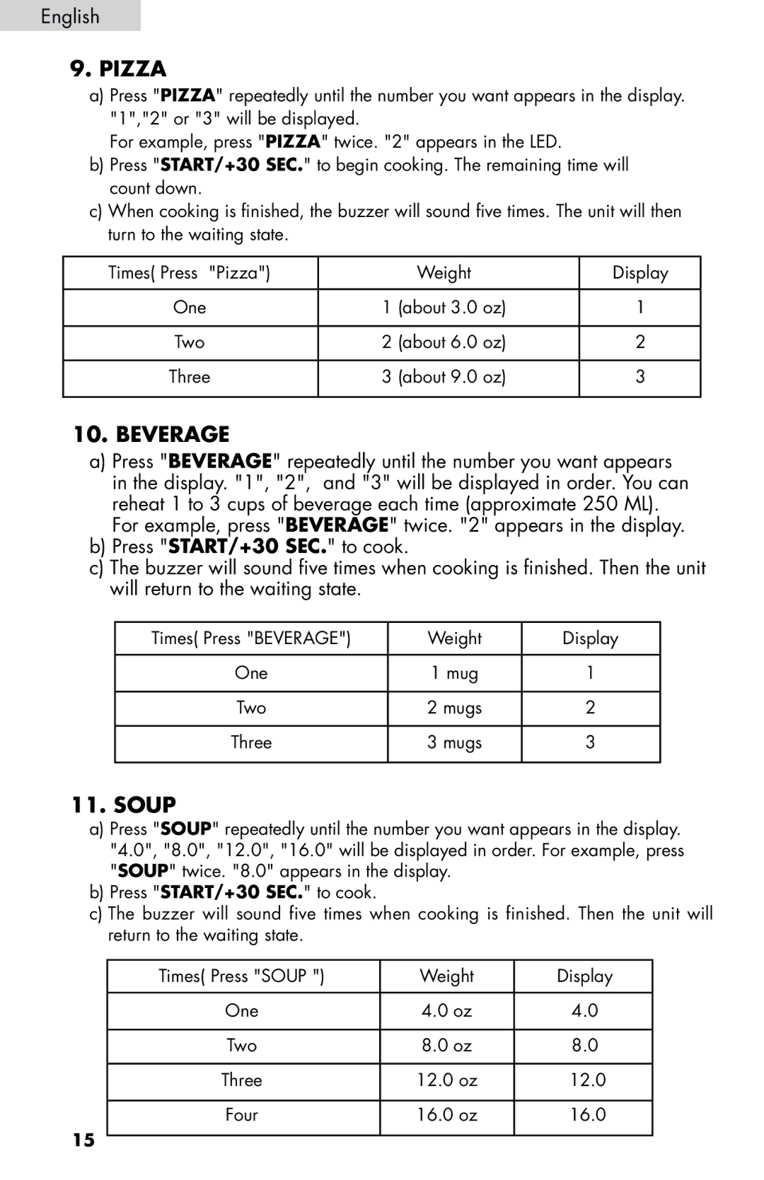 Haier MWM0701TW, MWM0701TB user manual Pizza, Beverage 