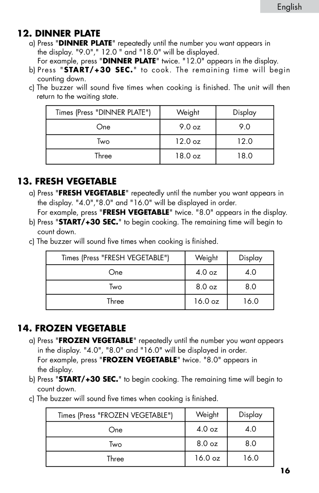 Haier MWM0701TB, MWM0701TW user manual Dinner Plate, Fresh Vegetable, Frozen Vegetable 