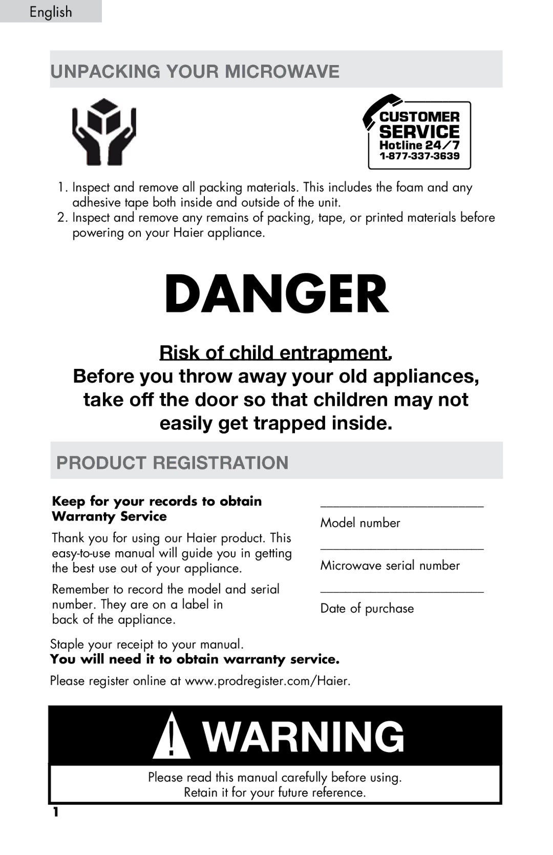 Haier MWM0701TW Unpacking Your Microwave, Product Registration, Keep for your records to obtain Warranty Service 