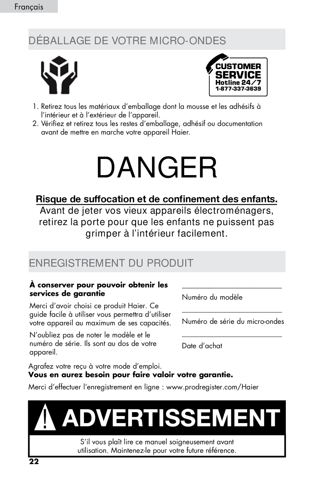 Haier MWM0701TB, MWM0701TW user manual Déballage DE Votre MICRO-ONDES, Enregistrement DU Produit 