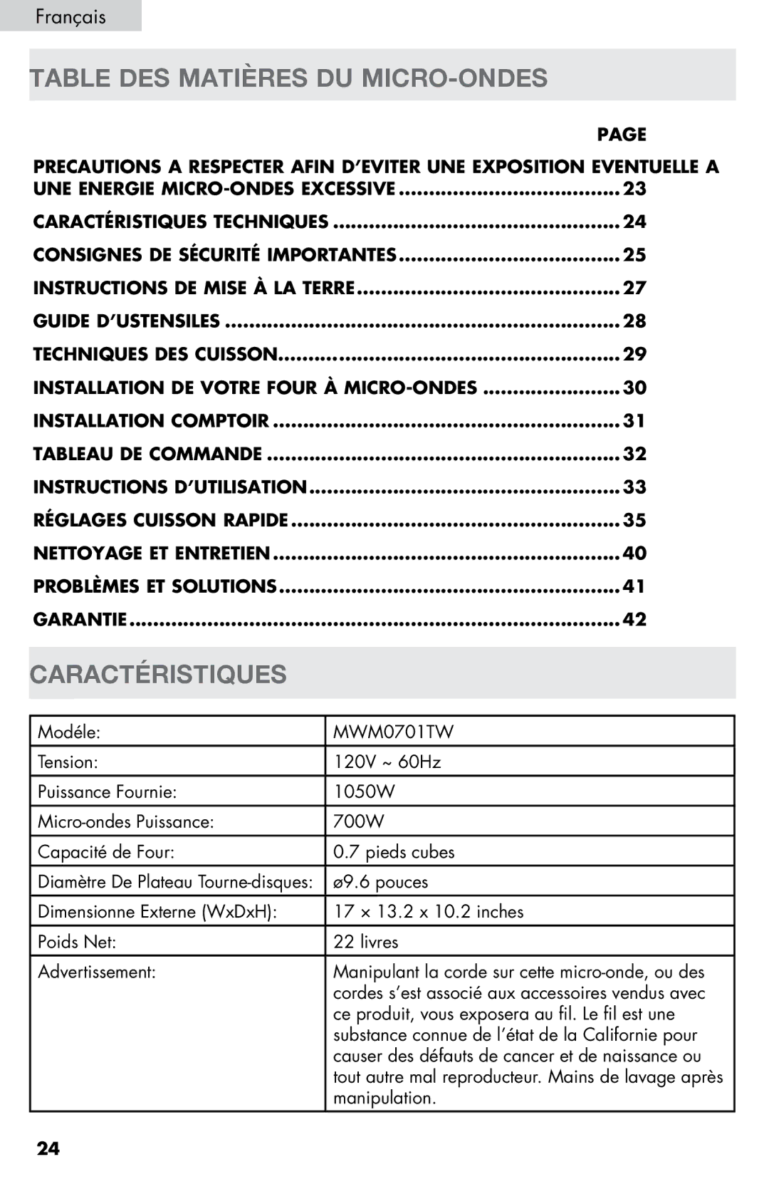 Haier MWM0701TB, MWM0701TW user manual Table DES Matières DU MICRO-ONDES, Caractéristiques 