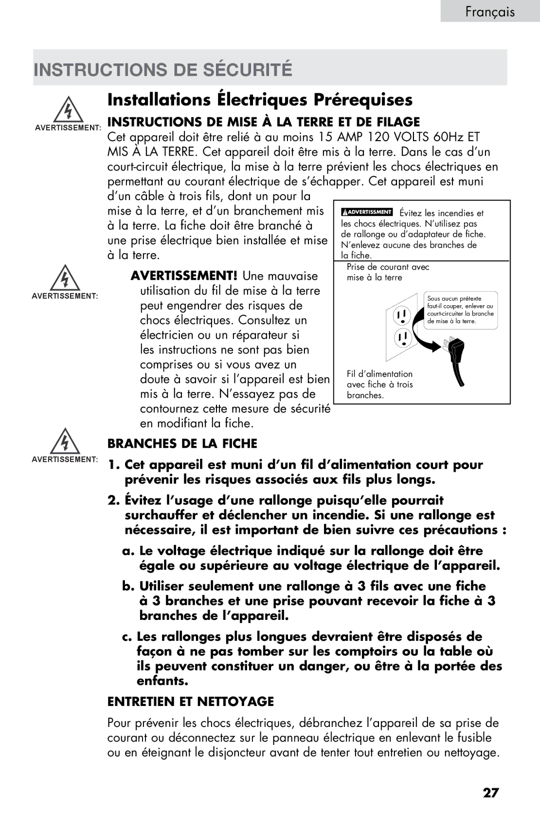 Haier MWM0701TW Instructions DE Sécurité, Instructions DE Mise À LA Terre ET DE Filage, AVERTISSEMENT! Une mauvaise 