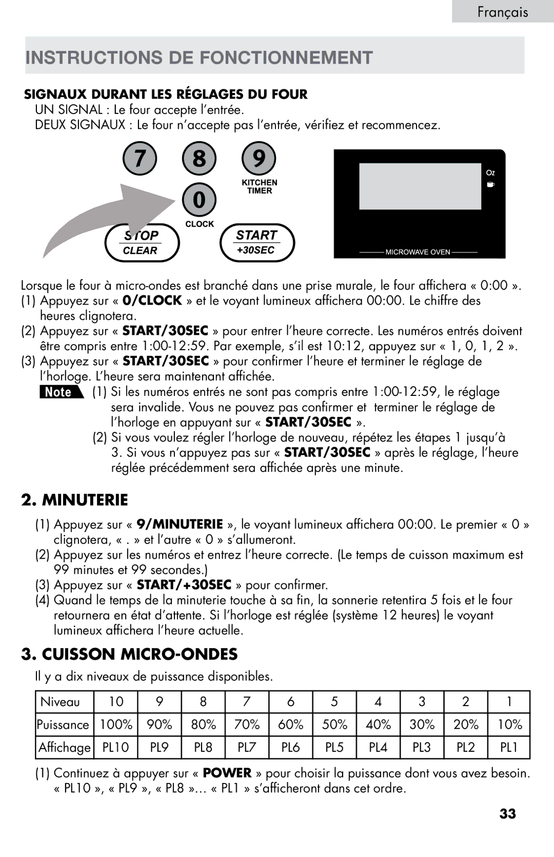 Haier MWM0701TW, MWM0701TB user manual Instructions DE Fonctionnement, Minuterie, Cuisson MICRO-ONDES 