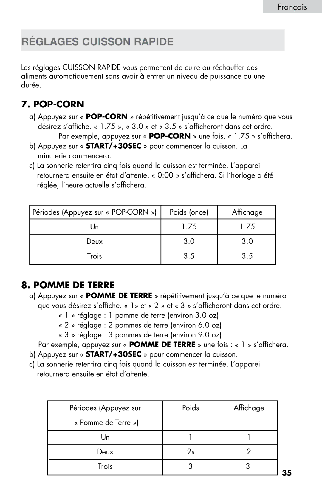 Haier MWM0701TW, MWM0701TB user manual Réglages Cuisson Rapide, Pop-Corn, Pomme DE Terre 