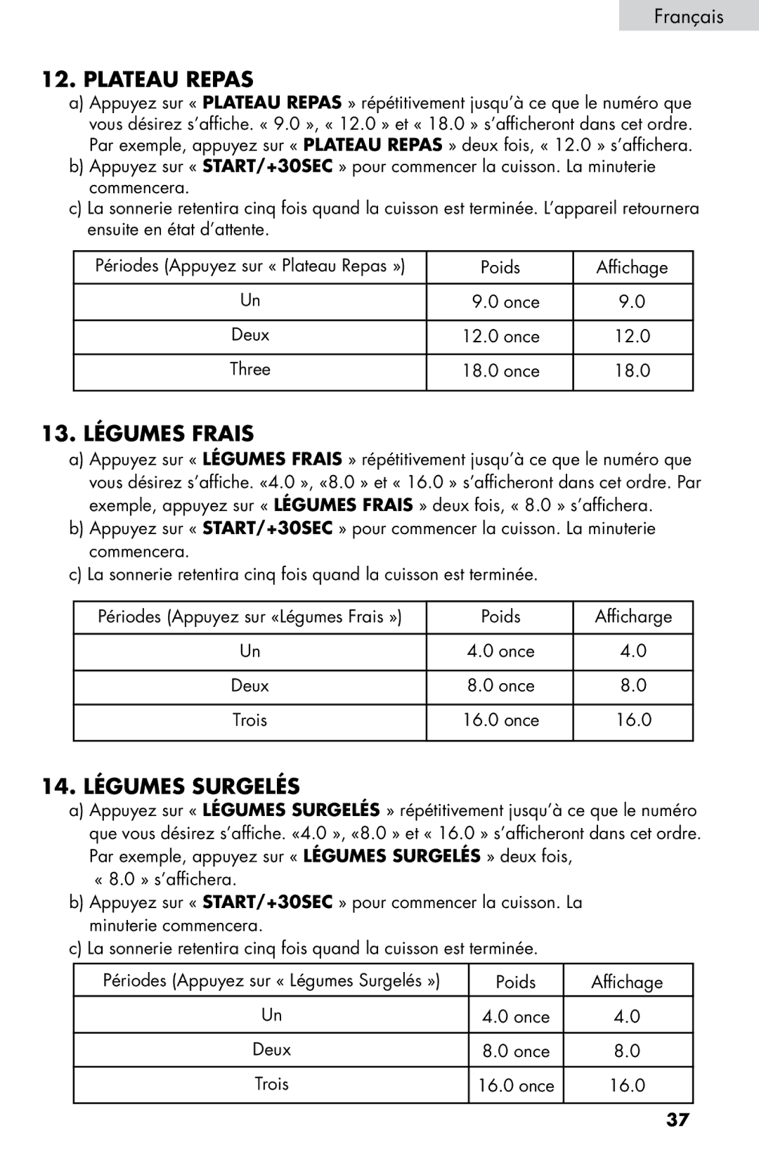 Haier MWM0701TW, MWM0701TB user manual Plateau Repas, 13. Légumes Frais, 14. Légumes Surgelés 