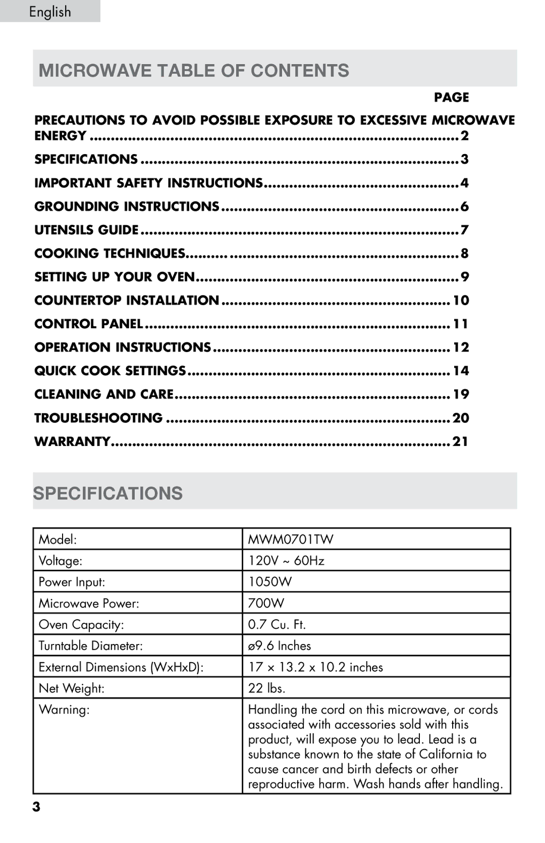 Haier MWM0701TW, MWM0701TB user manual Microwave Table of Contents, Specifications 