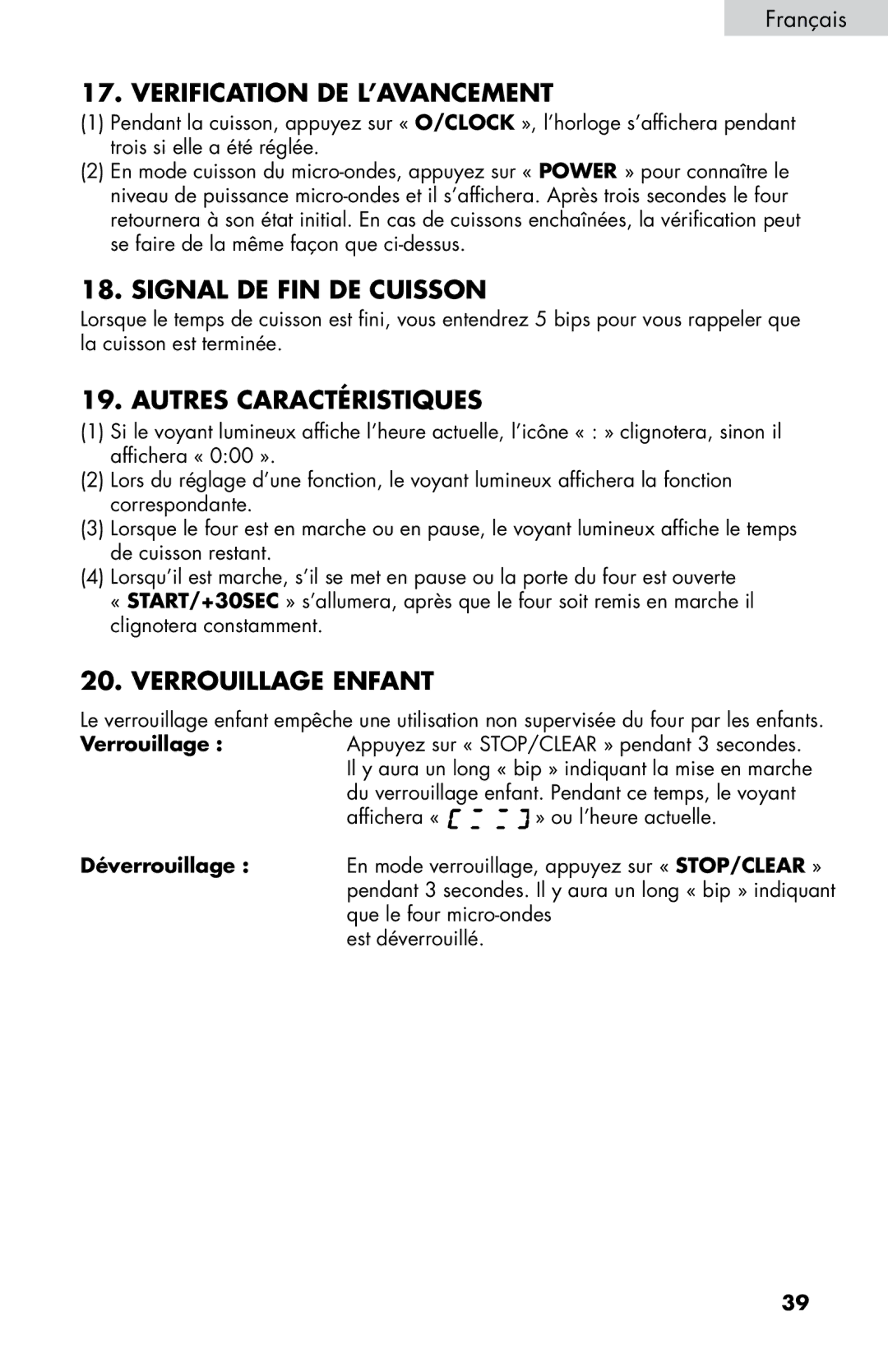 Haier MWM0701TW Verification DE L’AVANCEMENT, Signal DE FIN DE Cuisson, Autres Caractéristiques, Verrouillage Enfant 