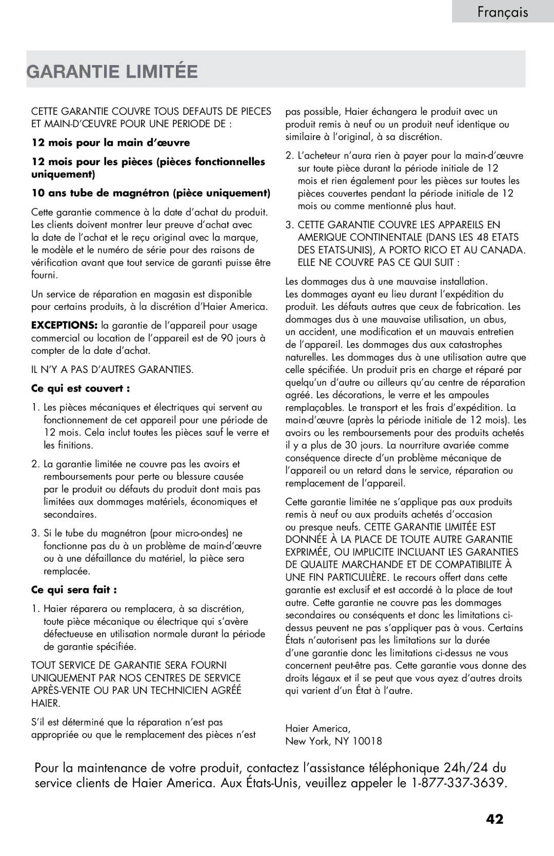 Haier MWM0701TB, MWM0701TW user manual Garantie Limitée, Ce qui est couvert 