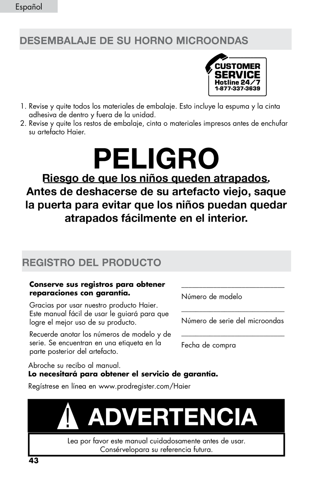 Haier MWM0701TW, MWM0701TB user manual Desembalaje DE SU Horno Microondas, Registro DEL Producto 