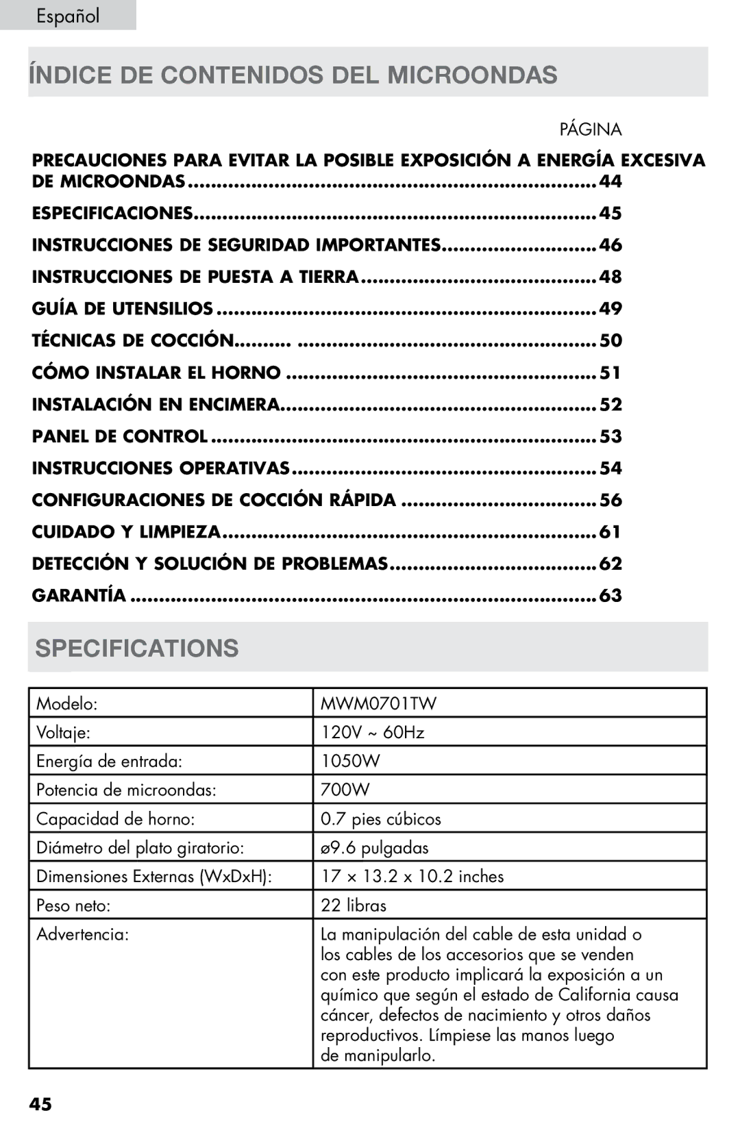 Haier MWM0701TW, MWM0701TB user manual Índice DE Contenidos DEL Microondas, Página, Modelo 