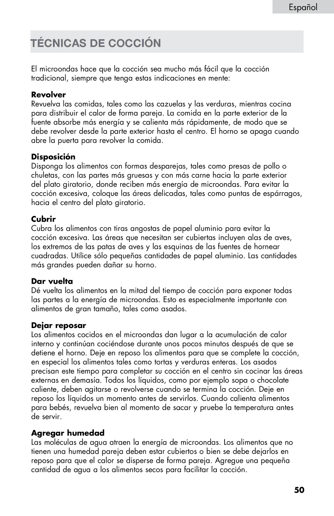 Haier MWM0701TB, MWM0701TW user manual Técnicas DE Cocción 