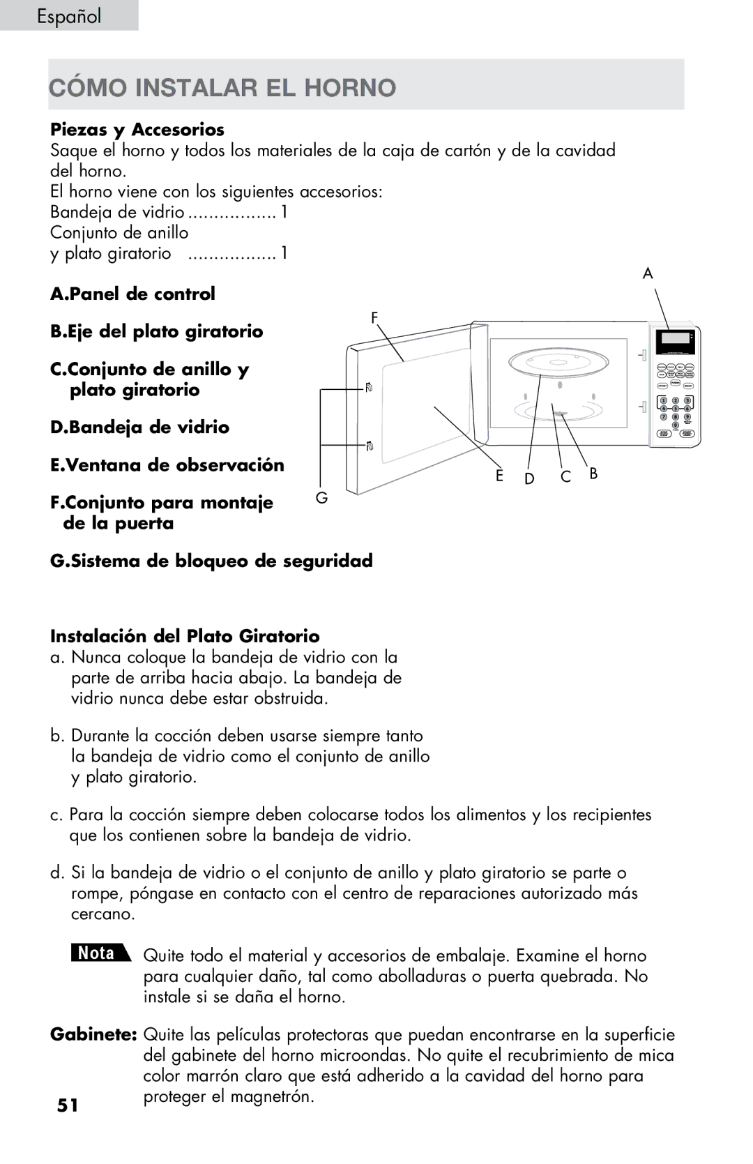 Haier MWM0701TW, MWM0701TB user manual Cómo Instalar EL Horno, Piezas y Accesorios 