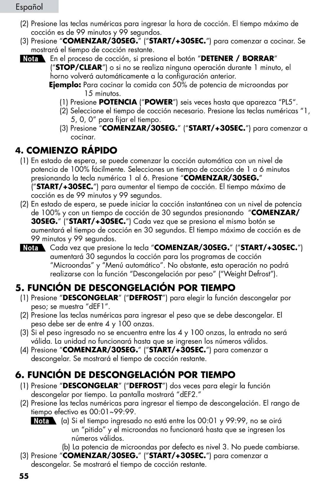 Haier MWM0701TW, MWM0701TB user manual Comienzo Rápido, Función DE Descongelación POR Tiempo 